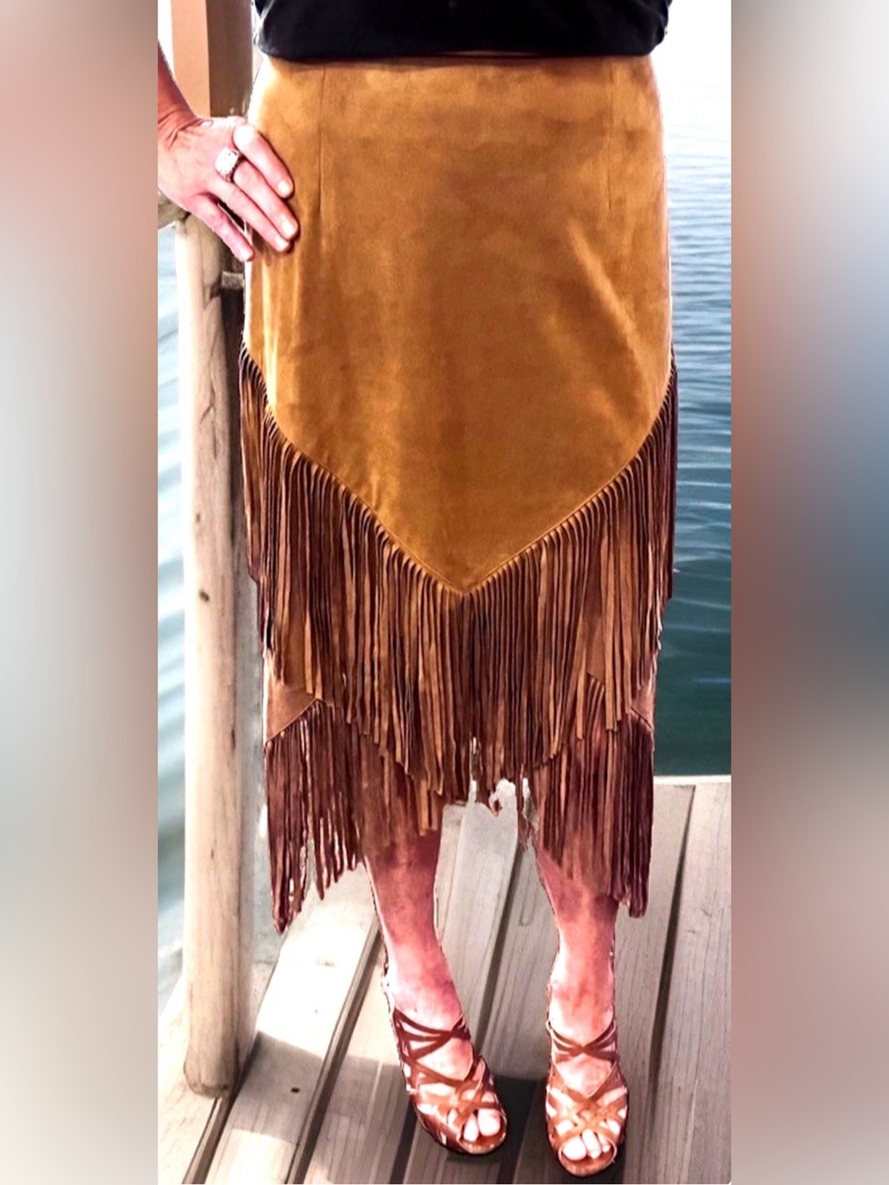 🤠CHICO’S🤠 GINGERBREAD FAUX SUEDE LAYERED FRINGE LINED STRETCH BOHO MIDI SKIRT
